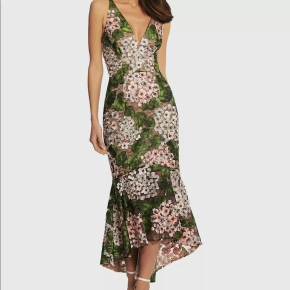 Xscape Womens Green Printed Spaghetti Strap V Neck Maxi Evening Hi-Lo Dress 2